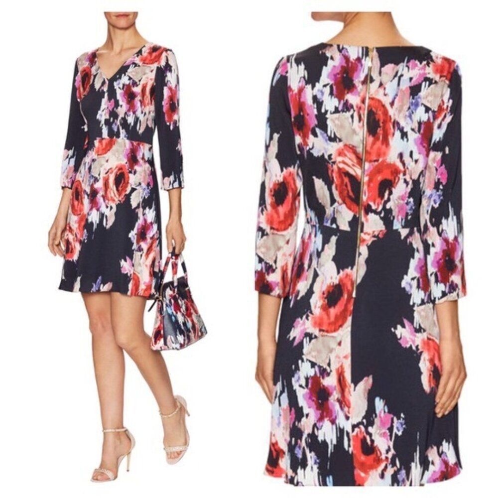 Kate Spade Hazy Floral V Neck 3/4 Sleeve Mini Dress Size 4